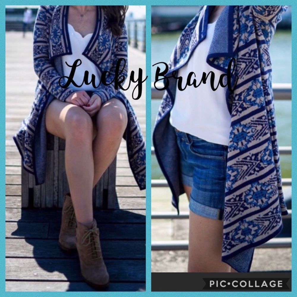 Lucky Brand blue bohemian scarf print knit open duster cardigan S